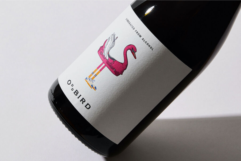 The Oddbird bottle label with its distinctive Pink Swan wearing trainers. Hence the name.
