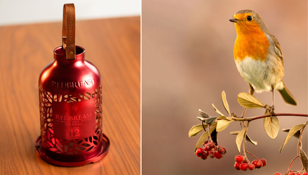 Two images, one of the bird feeder on a table and the other showing a robin on a branch with berries