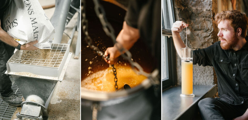 Three images showing different stages of the rum making process