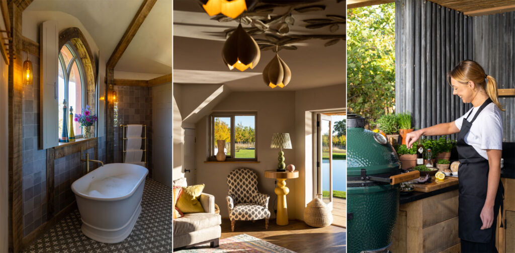 Three images showing the interior spaces at the dream cottage