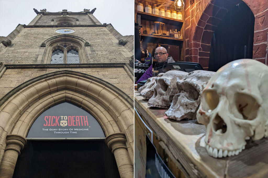 Two images showing Sabi's visit to the Sick to Death exhibition