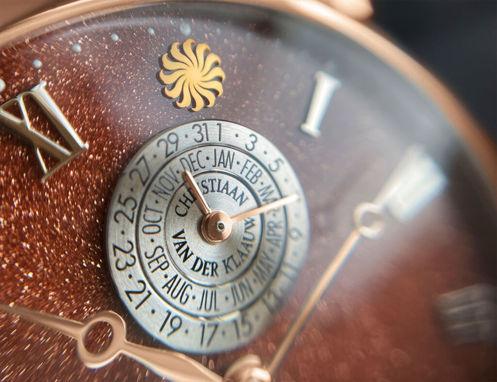 A closeup view of the dial on one of the brand's unique timepieces