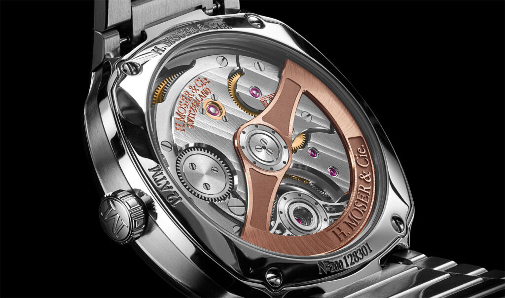 A closeup view of the rear of the watch and its movement