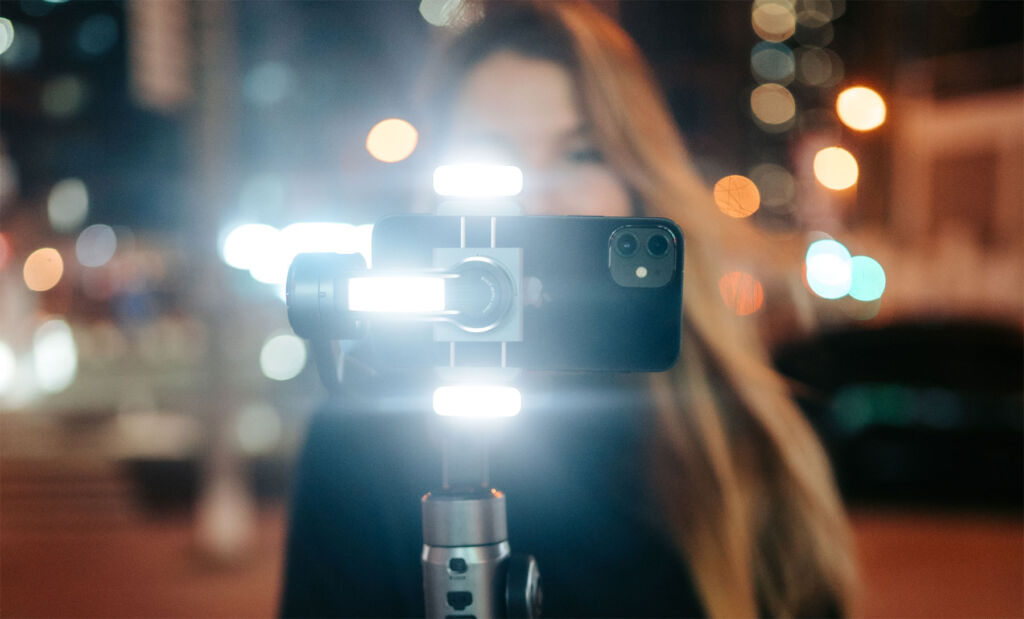 A night time photograph showing the effectiveness of three lights on the gimbal