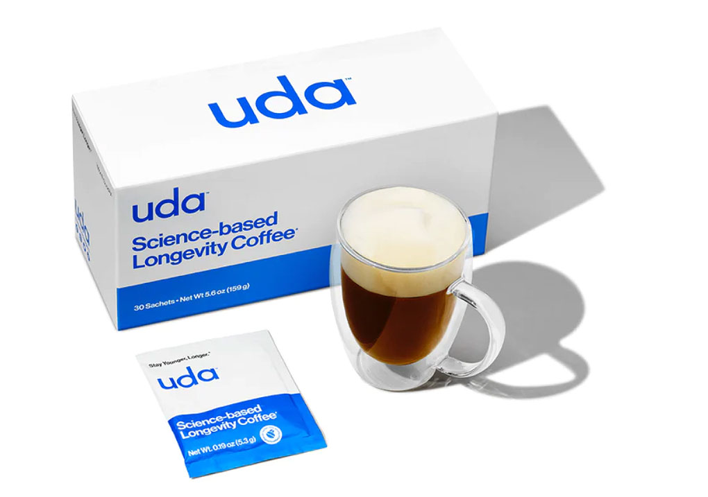 uda's longevity coffee in a glass cup