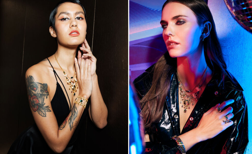 Two female models wearing necklaces from the new collections