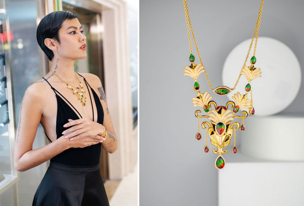 Two images, a model wearing one of the necklaces and a close up image of the jewellery piece