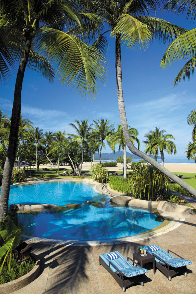 The outdoor swimming pool surrounded by palm trees