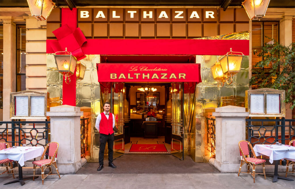La Chocolaterie Balthazar's red and gold entrance