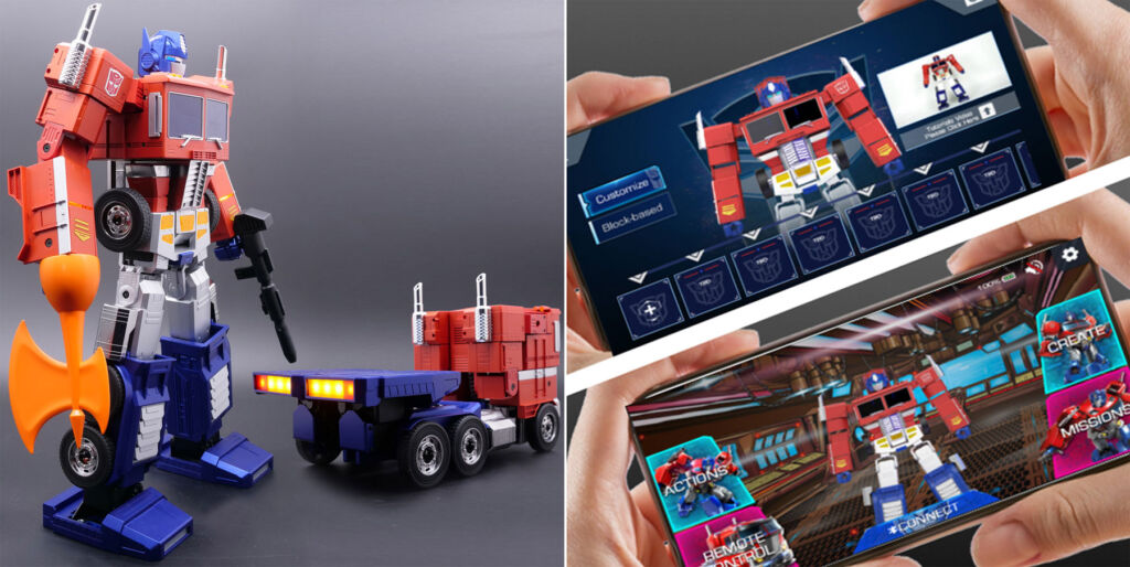 One image showing Optimum Prime in Robot and Vehicle forms, the other showing the app controller