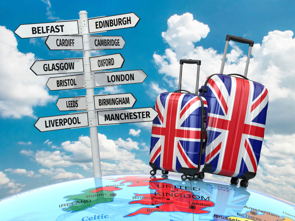 A signpost showing UK cities