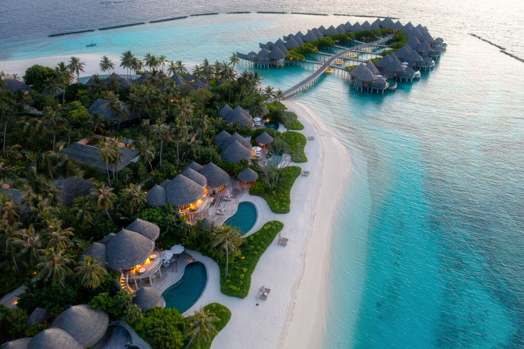 An aerial view of the private island resort