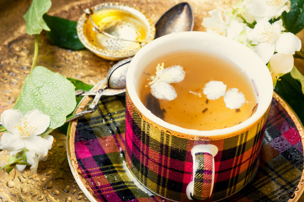 Tea in a tartan patterned cup
