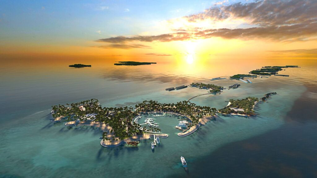 An aerial view of CROSSROADS Maldives at sunset