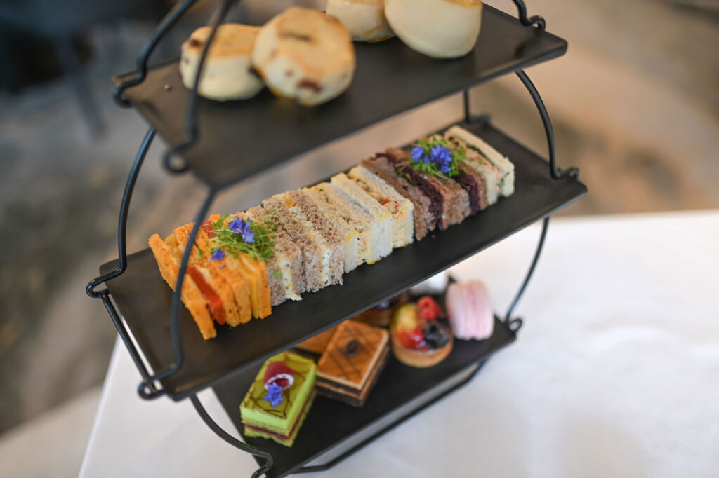 A close up view of the foods in the afternoon tea