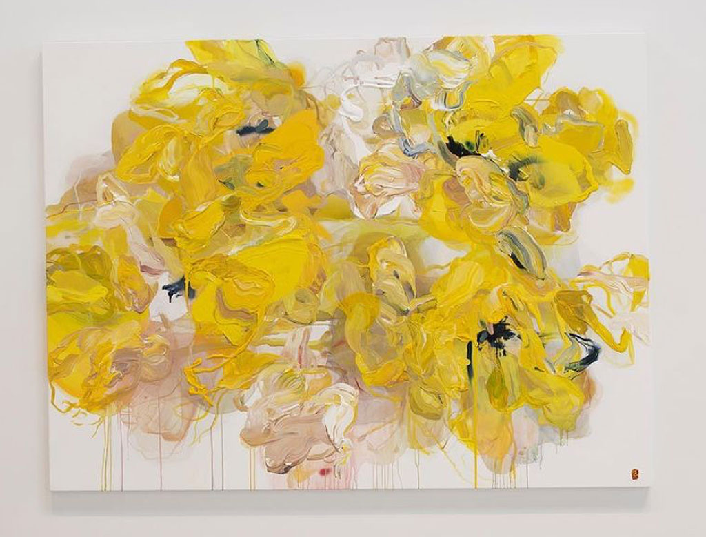 The large abstract painting of yellow flowers by Canadian artist Bobbie Burgers