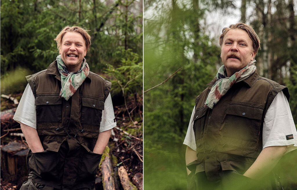 Two images of showing Chef Sami Tallberg foraging in the forest