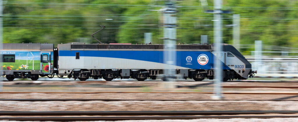 A side on view of the train travelling at high speed