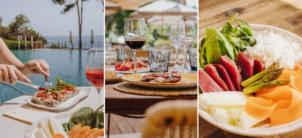 Three images showing the healthy food offerings at the Beach Club