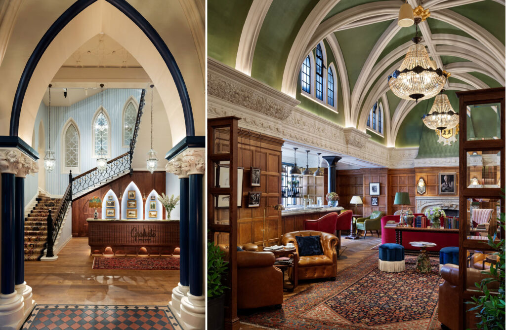 Two images showing the beautifully decorated communal areas inside the hotel