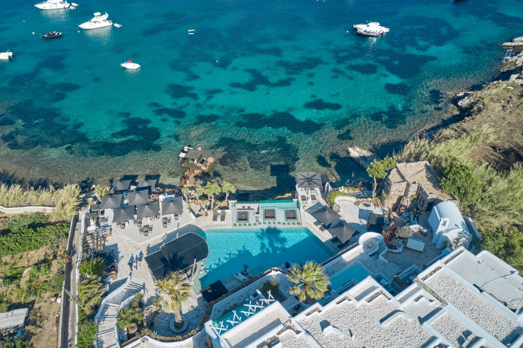 An aerial view looking directly down on the Kivotos Mykonos hotel