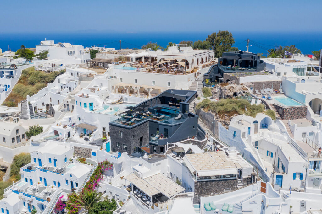 An image looking down on the hotel in Santorin