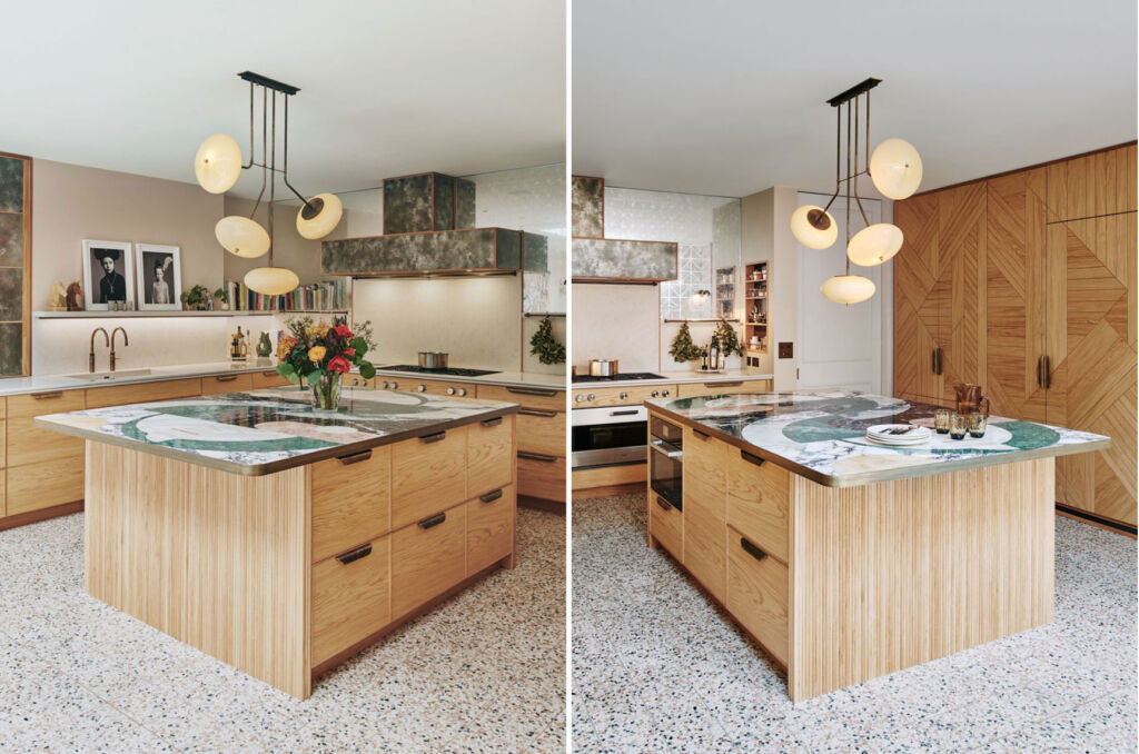 Two images showing the inlaid marble worksurface