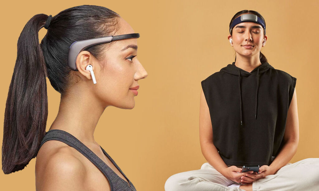 An image showing two models wearing each style of meditation headband