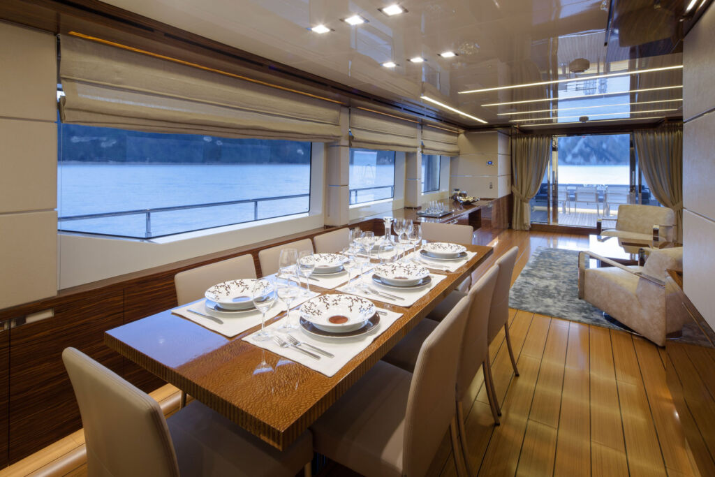 The dining area inside the explorer yacht