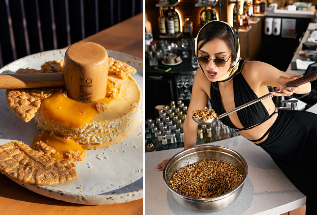 Two images, one showing a dessert, the other a model trying some traditional foods
