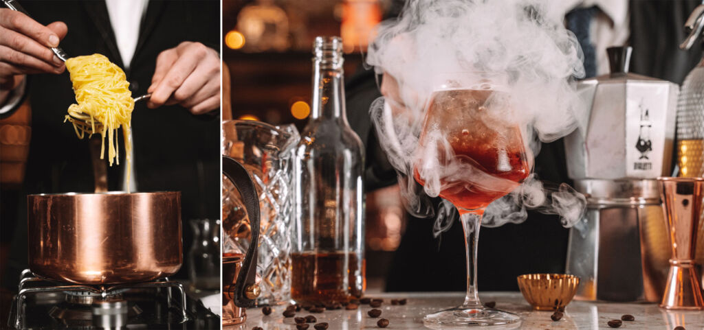 Two images, the first showing freshly made pasta, the second showing a smoking wine cocktail