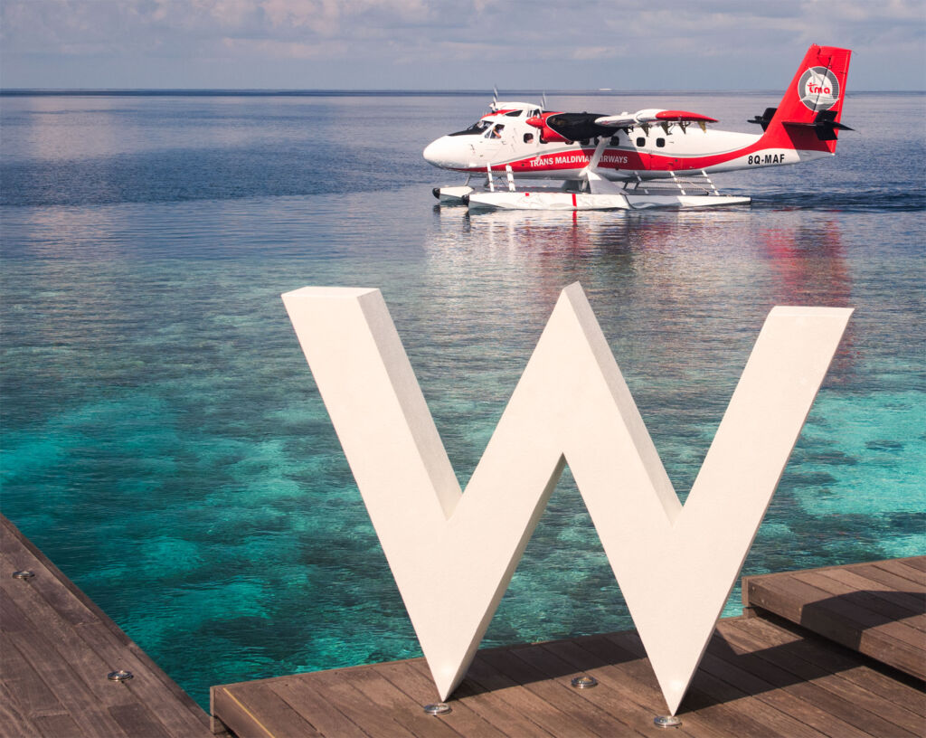 A seaplane bringing guests to the island resort