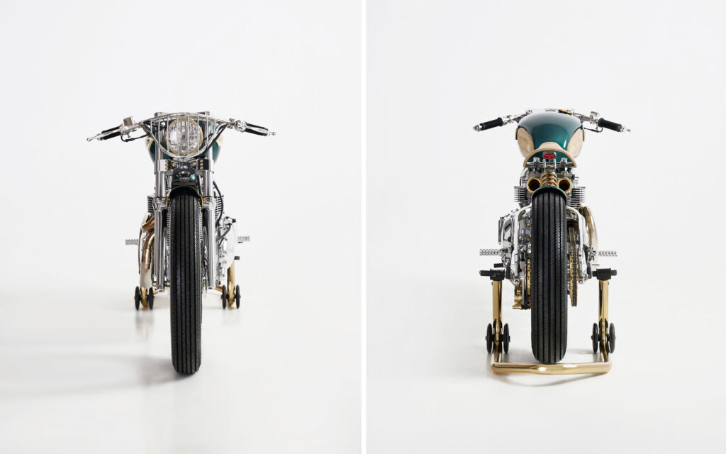 Two images that show a front on view and a rear view of the bespoke motorcycle
