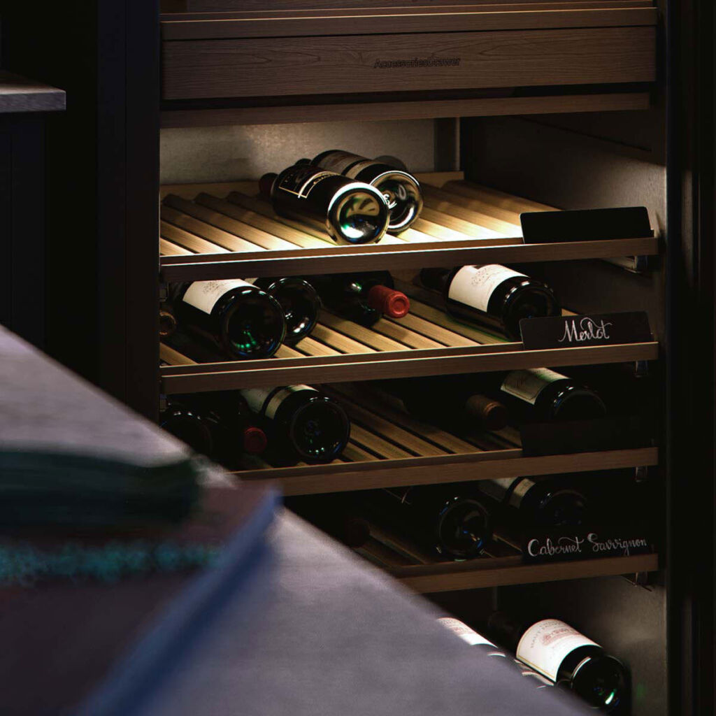 Bottles of wine in ASKO's wine cabinet which is designed to give no vibration