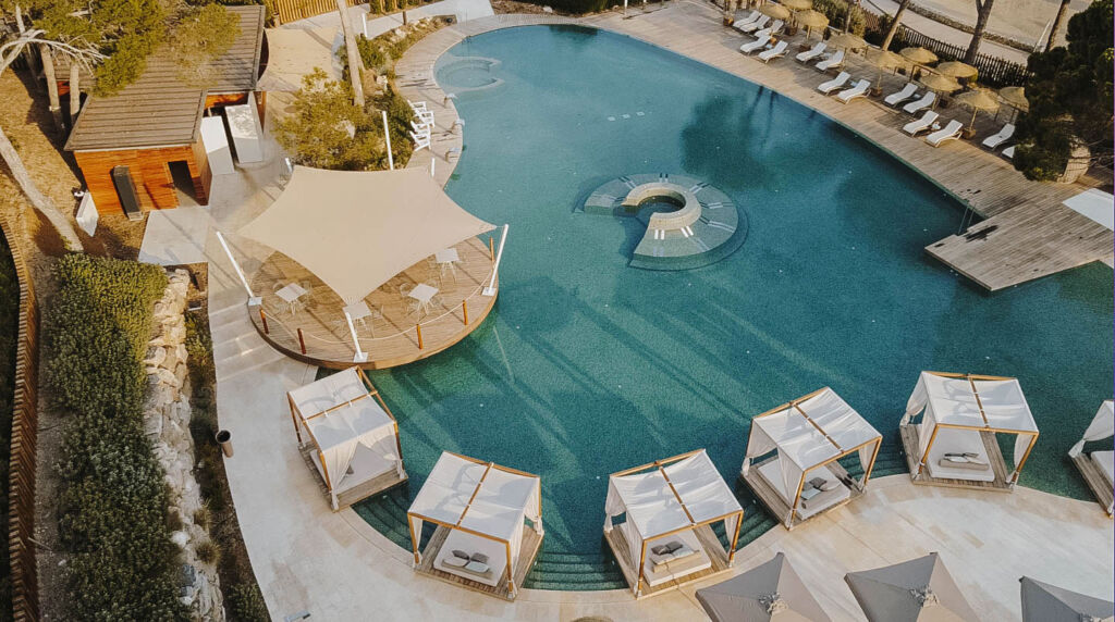 An aerial view of the swimming pool at the beach club