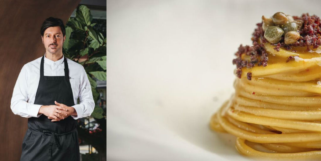 Two images, one of Chef Antimo, the other showing one of his spaghetti dishes