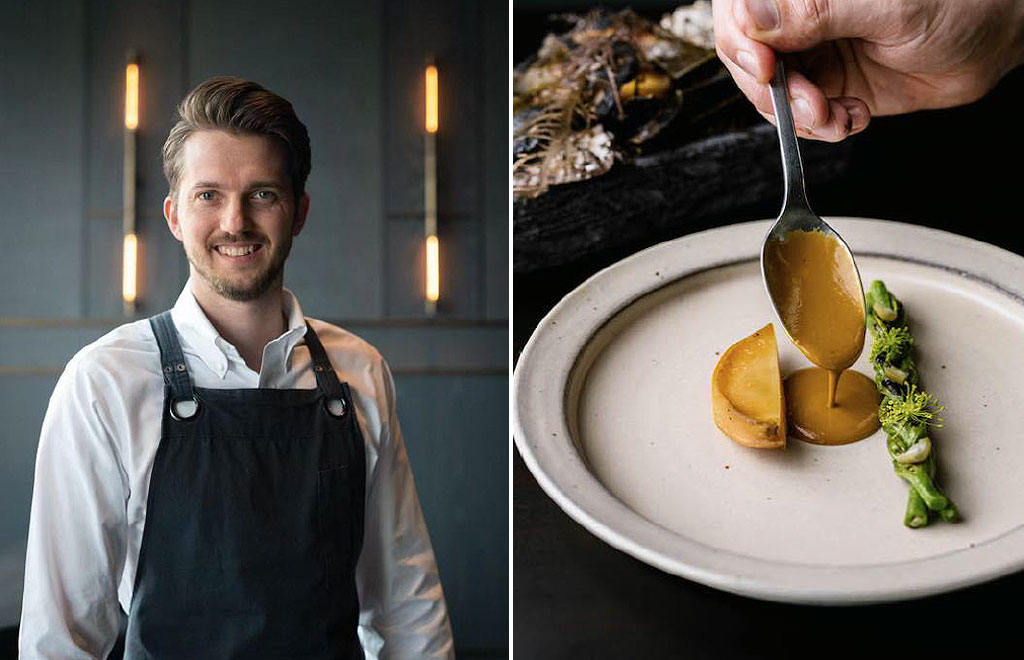 Two images, one of Chef Miles, the other showing one of his dishes