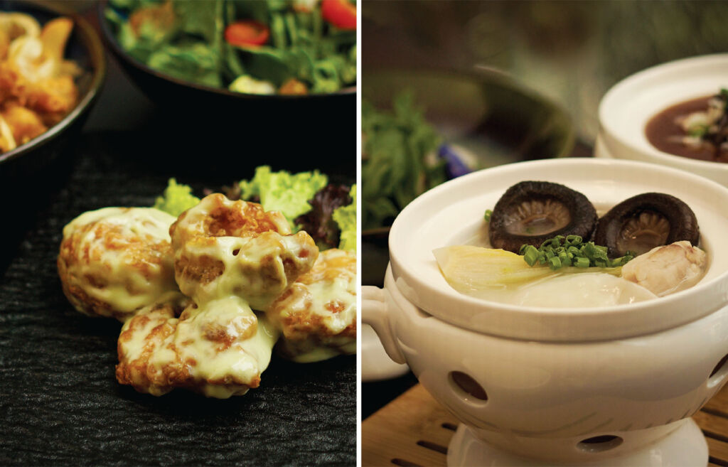 Two photographs showing the Crispy King Prawns and on the right, the Sour Seafood Broth