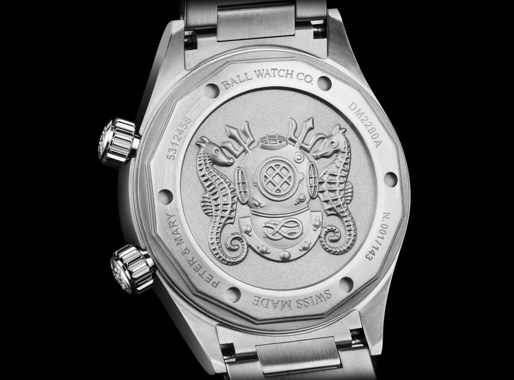 The highly detailed engraved rear of the watch