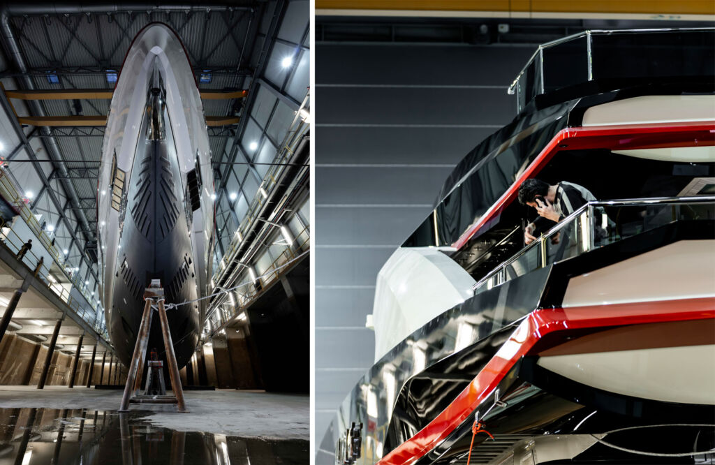 Two images, one showing the innovative hull design and the other a man working on the ships detailing