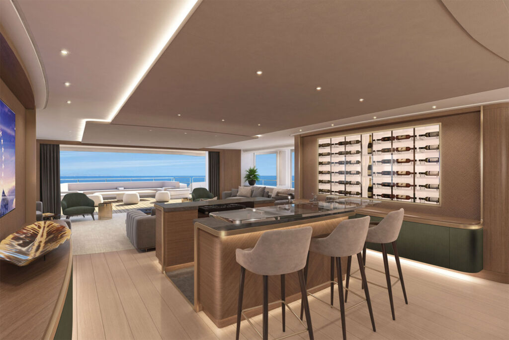 An artist's rendering of the dining room showing the custom made wine cooler