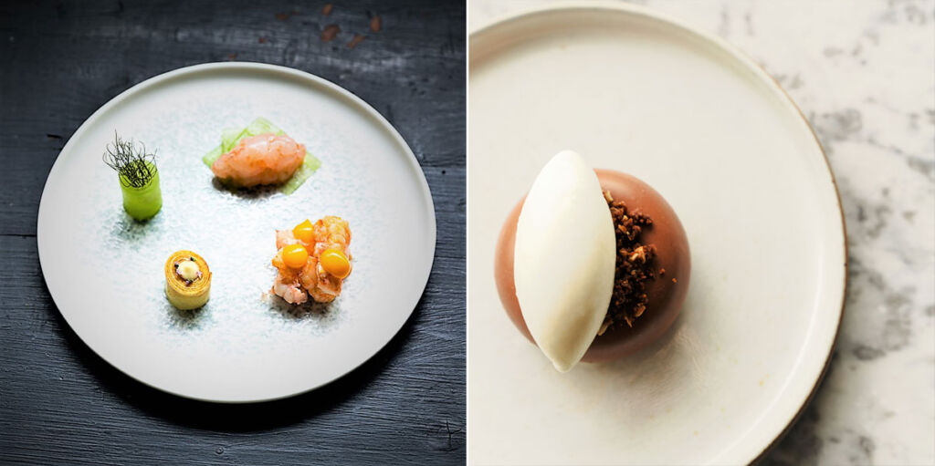 A starter dish and a dessert, both beautifully plated