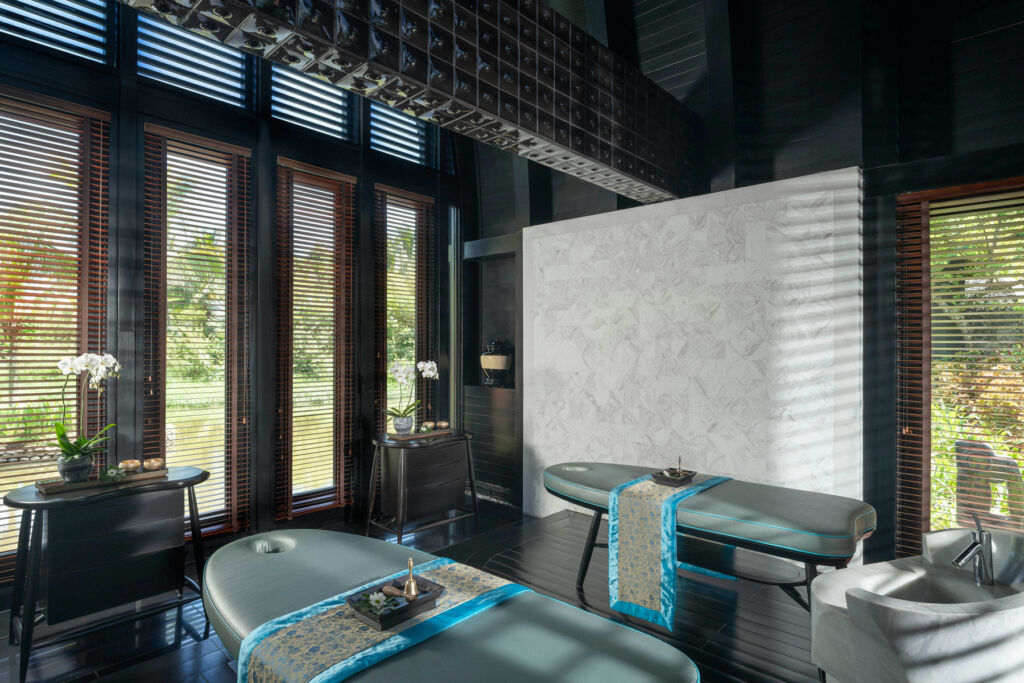 Inside a treatment room at the spa with its views over the lush green surroundings