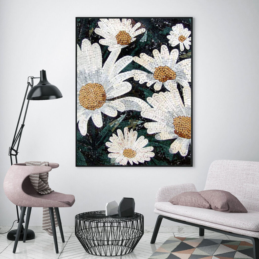 A flower-themed art work on the wall of a home