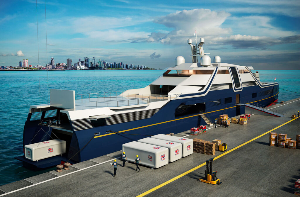 A side view showing the yacht concept being loaded and unloaded