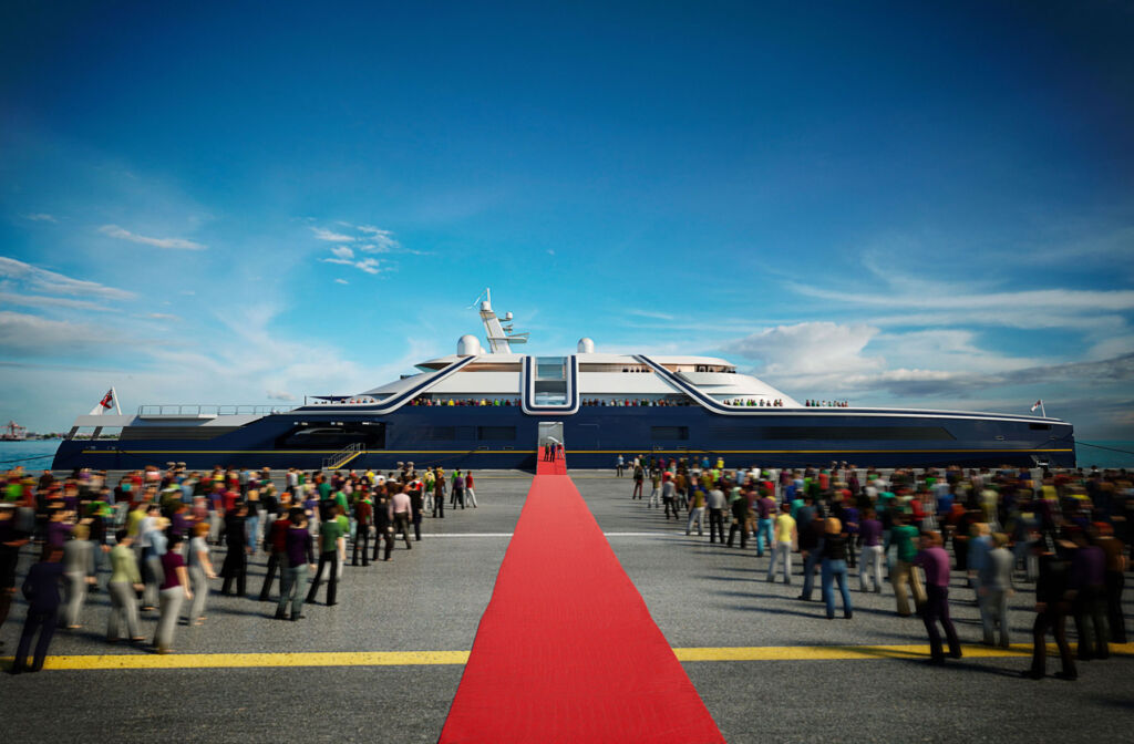 A side view of the concept yacht with a long red carpet leading up to it