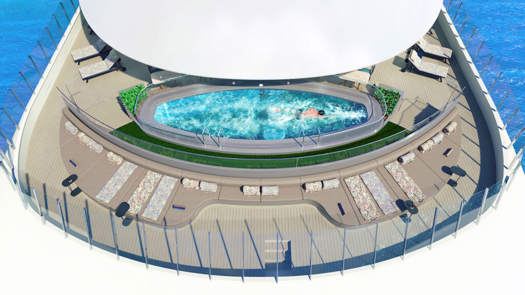 An aerial view of a guest swimming in the vitality pool