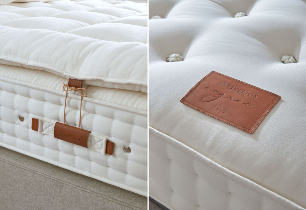 Two images showing the leather detailing on the mattresses
