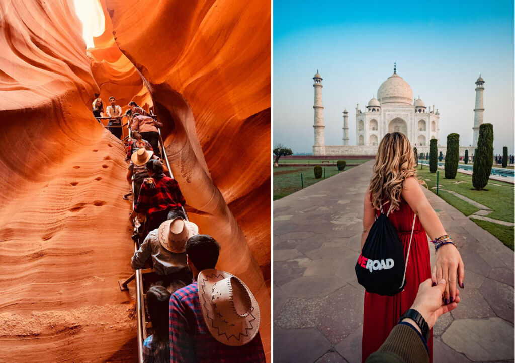 Two images, one of travellers heading up a rock face and the other of a young woman outside the Taj Mahal