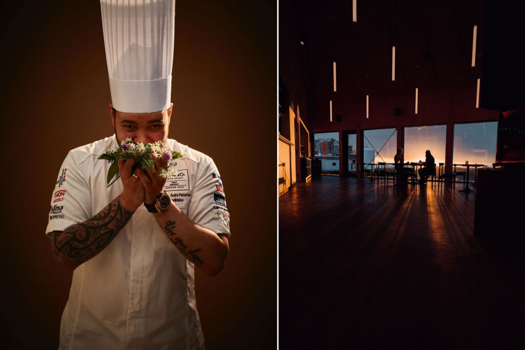 Two images, one showing the guest chef smelling fresh produce, the other showing a couple having a romantic meal